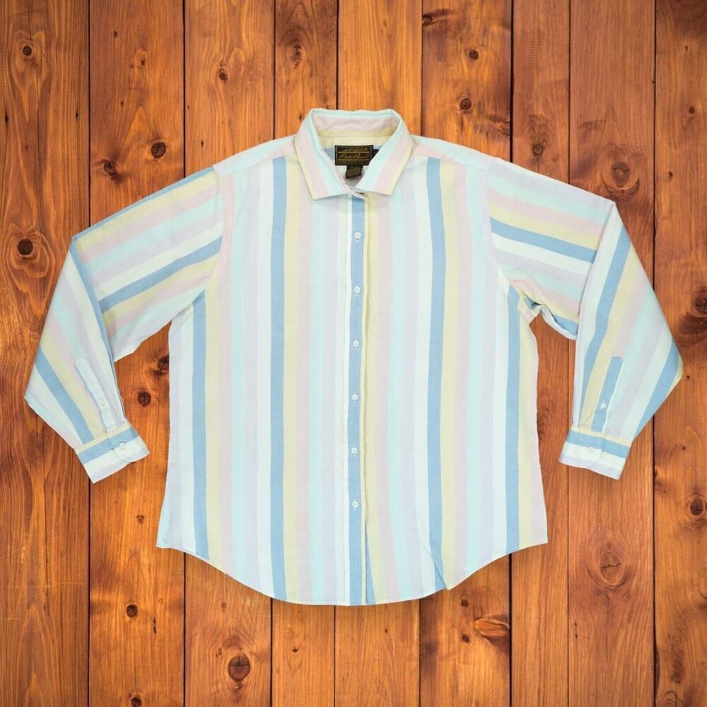 Vtg 90s Eddie Bauer Vertical Stripe Long Sleeve Button Up Shirt Size 14
